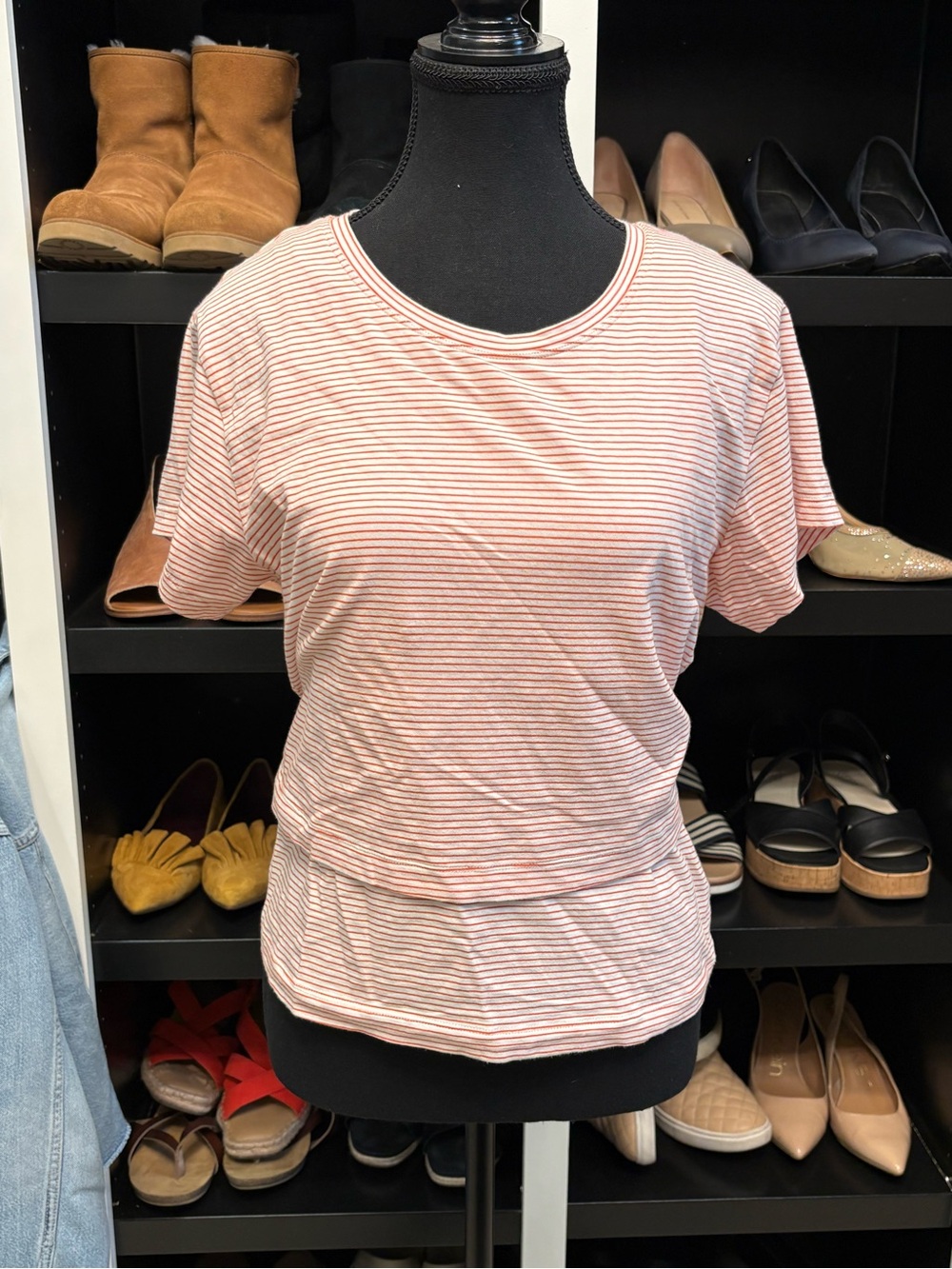 CAbi Orange & White Striped Short Sleeve Tee - Relaxed Crew with built-in tank